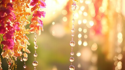Vibrant water droplets and floral garlands capture the joy of a traditional water festival.
