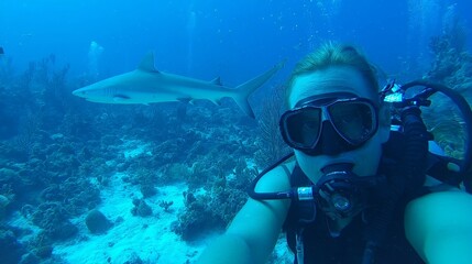 Exciting underwater selfie of scuba diver with friend and shark in deep sea, showing thrilling marine adventure, deep diving exploration, ocean wildlife encounter, and underwater friendship experience