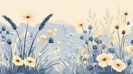 Pastel Wildflowers Meadow Landscape.