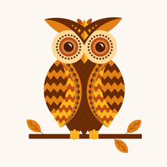Vector illustration of a stylized owl sitting on a branch, created in a colorful mid-century modern style with warm autumn tones. 