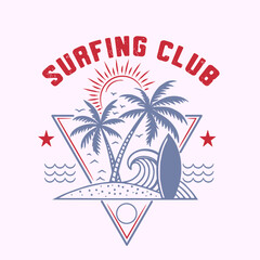 Obraz premium Fashion surfing apparel vector print label with palms, beach and surf
