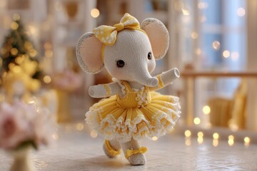 A charming close-up of a knitted elephant ballerina doll in a yellow dress, radiating innocence and warmth, with soft lighting and a bokeh background.