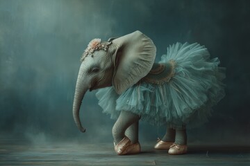 A whimsical portrait of an elephant wearing a tutu and ballet shoes against a soft, dreamy background, evoking feelings of childhood fantasy and surreal beauty.