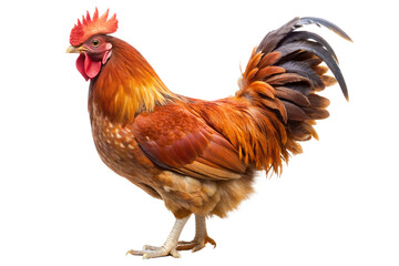 Fototapeta premium Majestic rooster standing proud with brown feathers on black background, rooster, chicken, bird, poultry, farm animal, cock, agriculture, livestock, fowl, crest, wattle, feathers, brown, gold, isolate