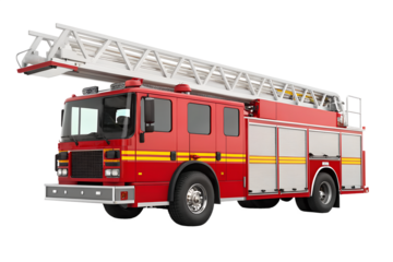 Modern red firetruck isolated on black background with ladder extended, fire truck, firetruck, fire engine, fire department, emergency vehicle, ladder truck, red firetruck, fire rescue, fire service