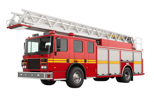 Modern red firetruck isolated on black background with ladder extended, fire truck, firetruck, fire engine, fire department, emergency vehicle, ladder truck, red firetruck, fire rescue, fire service