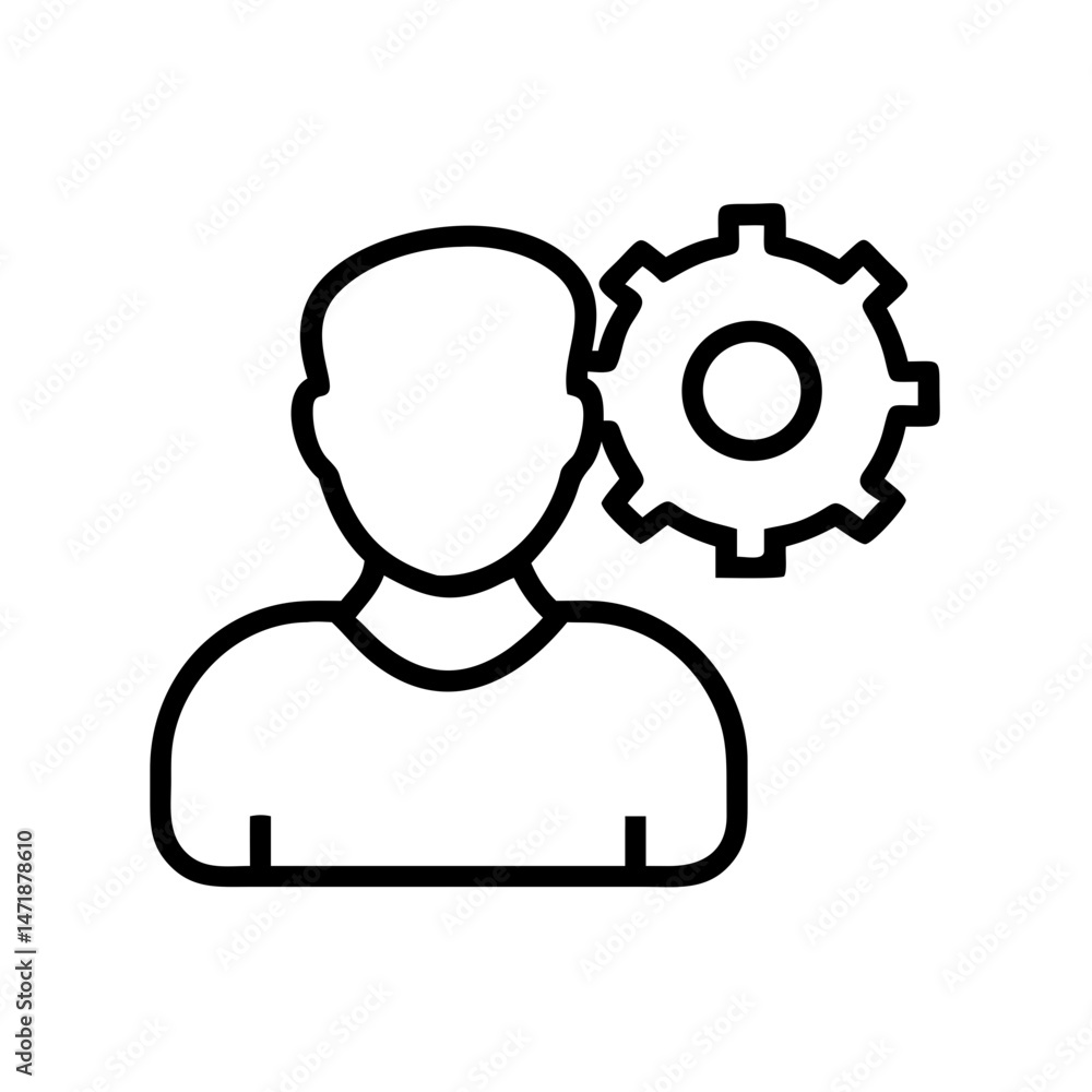 Poster a black line icon depicting a user profile silhouette with a gear or cog icon in the lower right, sy