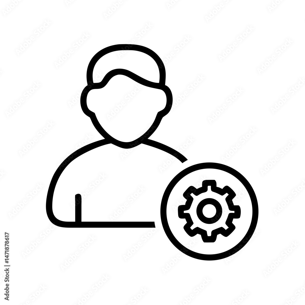Poster a black line icon depicting a user profile silhouette with a gear or cog icon in the lower right, sy