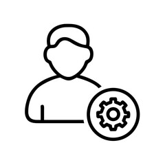 A black line icon depicting a user profile silhouette with a gear or cog icon in the lower right, symbolizing user settings or account management. For tech, UI/UX, or profile customization blogs.