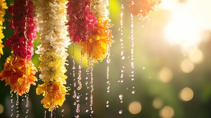 Vibrant water droplets and floral garlands capture the joy of a traditional water festival.
