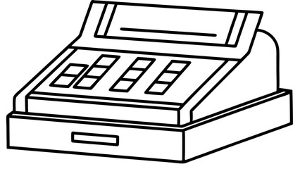  A black and white line drawing of a cash register. Suitable for coloring books, educational materials, and simple illustration needs on various websites and blogs.