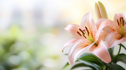 Obraz premium Delicate pink lilies with green leaves against a soft, bokeh background