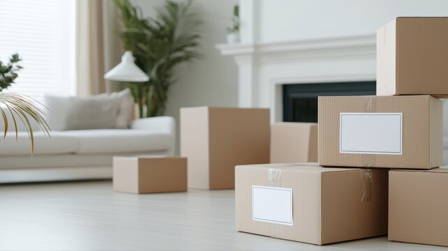 Moving Boxes Stacked in a Bright Modern Living Room moving boxes modern bright cardboard boxes home