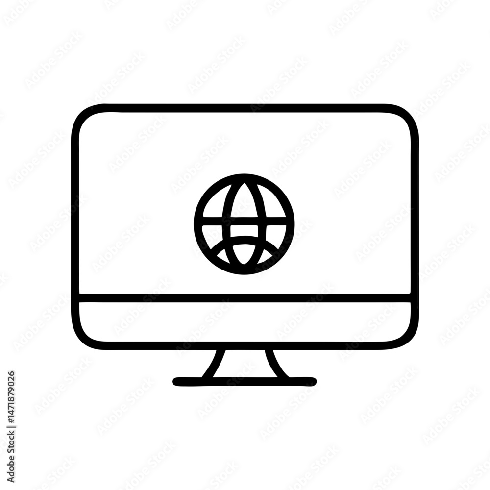 Poster an outline icon of a computer monitor displaying a globe, representing internet access, online conne