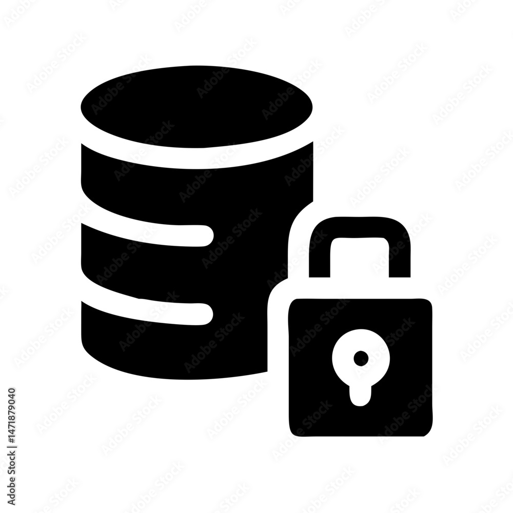 Poster a solid black icon of a database cylinder with a closed padlock, symbolizing database security and d