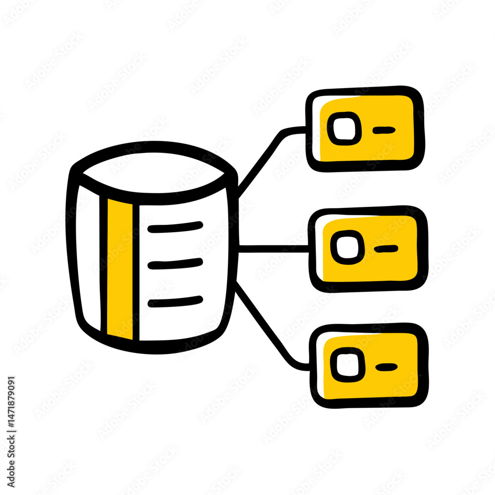 Poster this hand-drawn icon of a database connected to multiple servers is perfect for websites or blogs ab