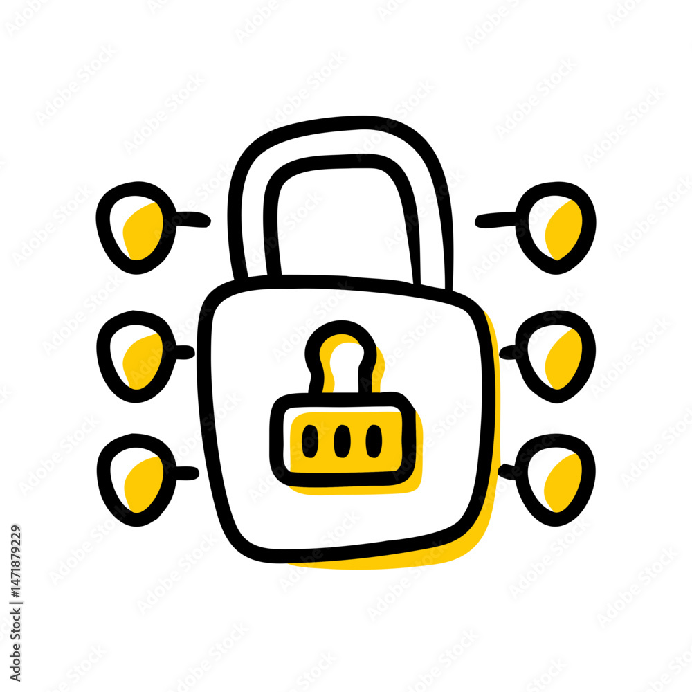 Aufkleber a doodle-style illustration of a combination padlock surrounded by circular nodes, representing netw