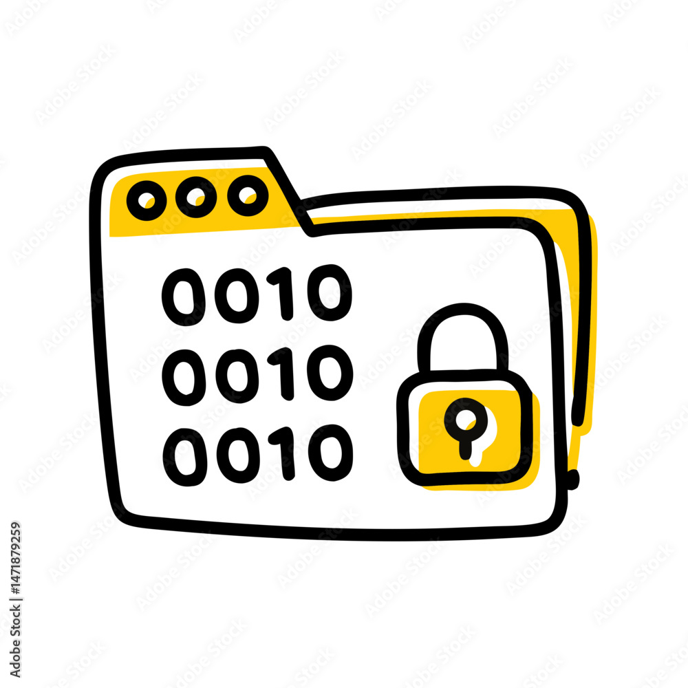 Poster a hand-drawn style icon of a yellow and black folder with binary code (0010) and a padlock, symboliz