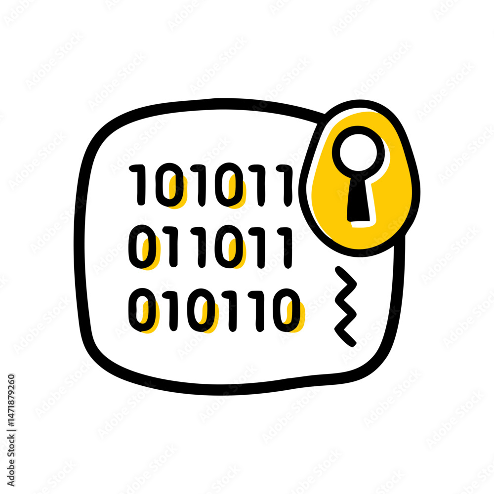 Poster a hand-drawn style icon of a yellow and black folder with binary code (0010) and a padlock, symboliz