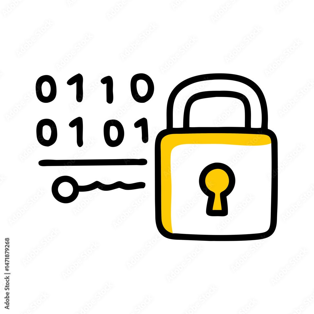 Poster a doodle-style illustration of a padlock with binary code and a key, symbolizing data encryption, di