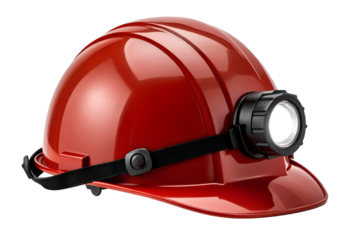Red mining hard hat with headlamp on black background closeup, mining, miner, helmet, hardhat, headlamp, red, safety, construction, equipment, protective, work, gear, light, industry, tool, industrial