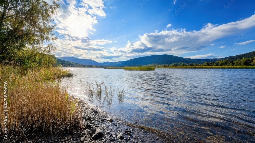 Aufkleber serene lake view with mountains in the background, golden reeds along the shoreline, and a partly cl