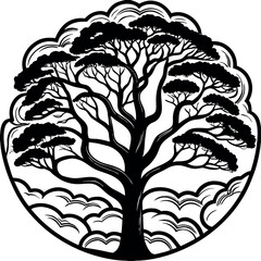 Fototapeta premium Isolated tree design featuring simple black and white silhouette art. Ideal for nature themes, posters, backgrounds, and wall art.