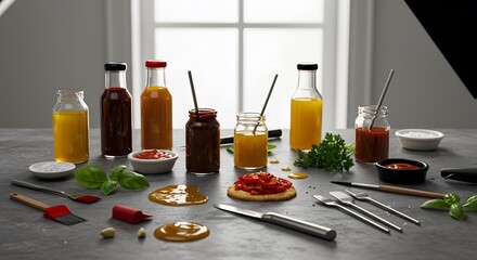 Culinary sauces in glass jars and bowls, alongside various kitchen utensils displayed on a gray surface with herbs and crackers.