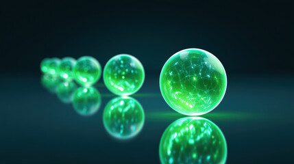 Naklejka premium Glowing green spheres with network like patterns are arranged in row on reflective surface, creating futuristic and conceptual visual effect with vibrant light and depth