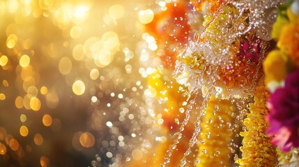 Vibrant water droplets and floral garlands capture the joy of a traditional water festival.
