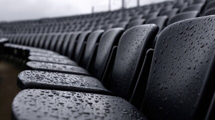 Close-up of wet stadium seats glistening in the rain, showcasing a deserted sports venue atmosphere