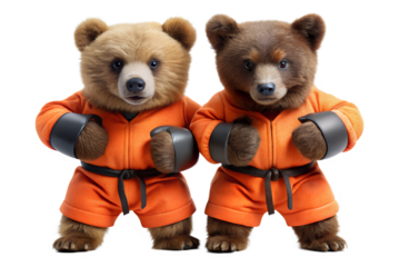Two teddy bears dressed in karate orange uniform ready to fight, teddy bear, bears, karate, fighter, martial arts, orange suit, black belt, gloves, cartoon, cute, funny, adorable, mascot, character