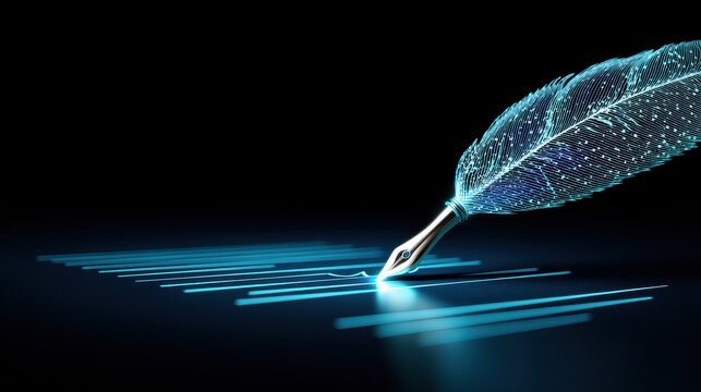 Digital feather pen with glowing lines representing digital signature verification and authenticity in financial technology, symbolizing secure electronic document signing and trust