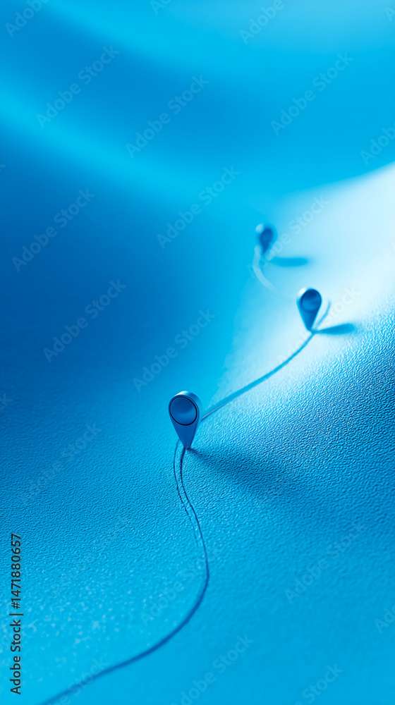 Poster blue textured surface with silver location markers tracing a path, symbolizing journey, progress, or