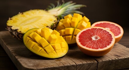 Assorted tropical fruits, including sliced pineapple, diced mango, and halved grapefruit, displayed on a rustic wooden board.