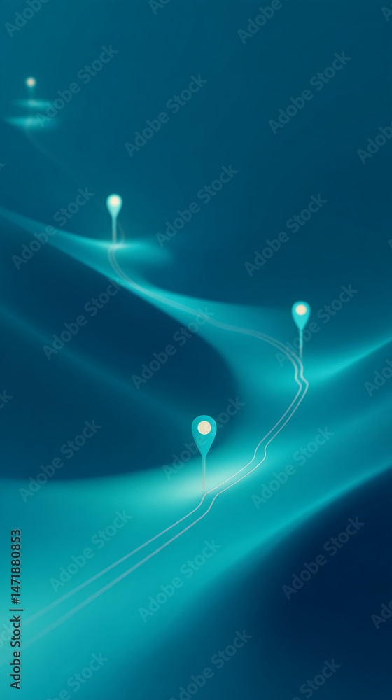 Poster abstract teal background with glowing location pins marking a winding path, symbolizing journey, nav