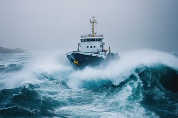 Freight ship battles waves in stormy ocean
