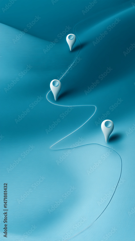 Poster abstract blue landscape with three location markers following a winding path, representing journey, 