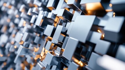Abstract metallic cubes, glowing, digital, technology background