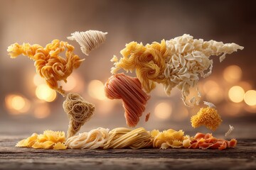 World map made of various types of pasta on a wooden table with blurred background, creating a culinary atlas of flavors and textures in a food art concept.