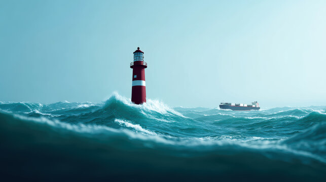 Red lighthouse stands firm amid large ocean waves with cargo ship visible in distance, evoking sense of resilience and guidance during turbulent weather