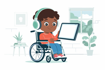 Child in wheelchair using tablet in bright indoor space
