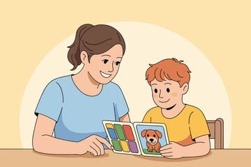 Engaging reading session between mother and son at home