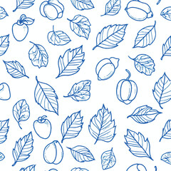 A Autumn leaves and fruits blue outline pattern