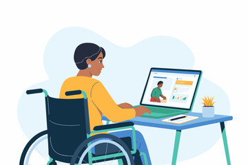 Woman using laptop in wheelchair while working from home