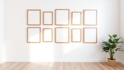 Fototapeta premium Gallery Wall Mockup Ten Empty Frames on a White Wall with Plant