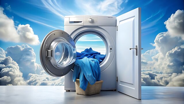 Washing machine with open door and blue clothes suggesting cleanliness and freshness