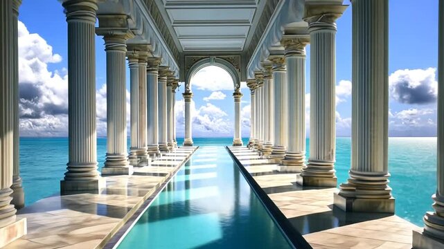 Classical colonnade walkway to endless ocean horizon under serene sky backdrop