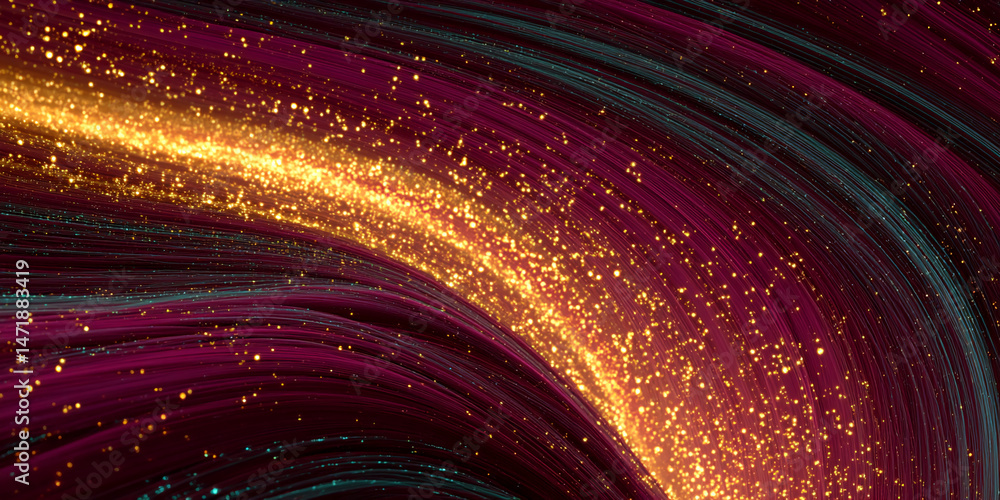 Poster abstract image of burgundy and teal streaks, interspersed with golden sparkles, creating a flowing, 