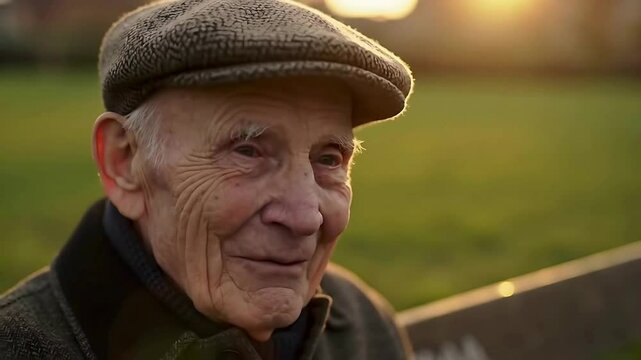 Close-Up of Elderly Man in Flat Cap Resting on Park Bench at Sunset